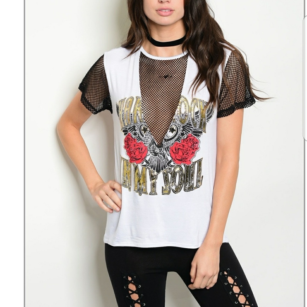 💦WHITE GOLD MESH GRAPHIC TEA TOP - Picture 1 of 2